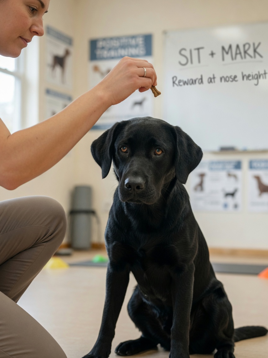 A mão do treinador a atrair um Labrador preto para a posição de senta com uma guloseima segura acima da cabeça