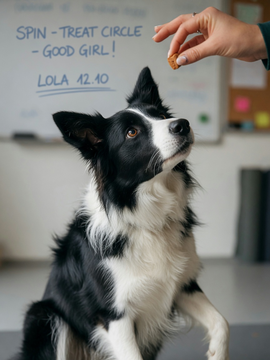 Border collie following a treat lure in circular motion during spin training step
