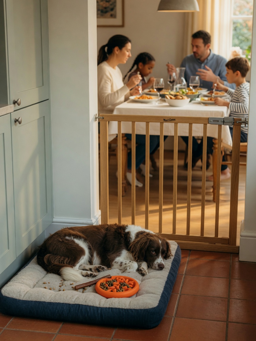 A dog rests peacefully on a bed in a designated corner, separated from the dining area by a baby gate, with family members eating at a table in the background.