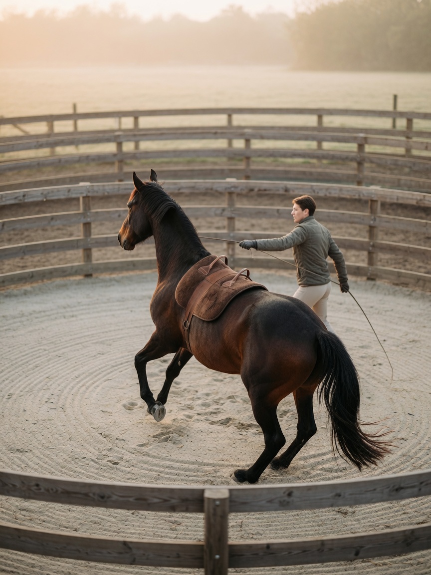 Handler lunging a bay horse in a round pen wearing a bareback pad during groundwork training