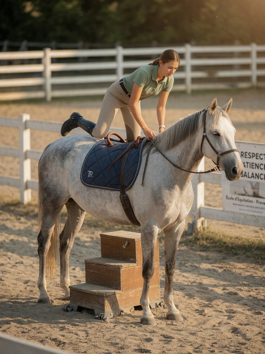 Rider mounting a grey horse using a mounting block, demonstrating proper bareback mounting technique