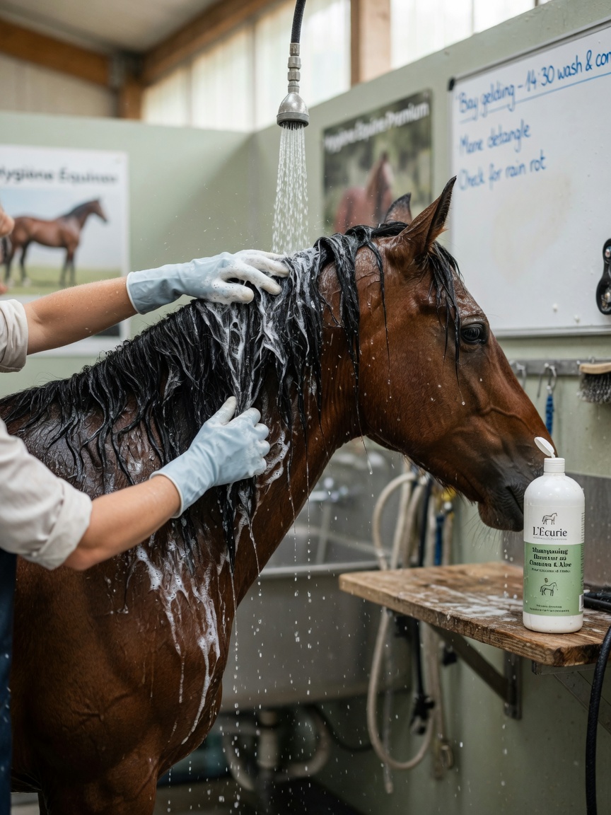 A bay horse having its mane washed with equine shampoo during the preparation stage