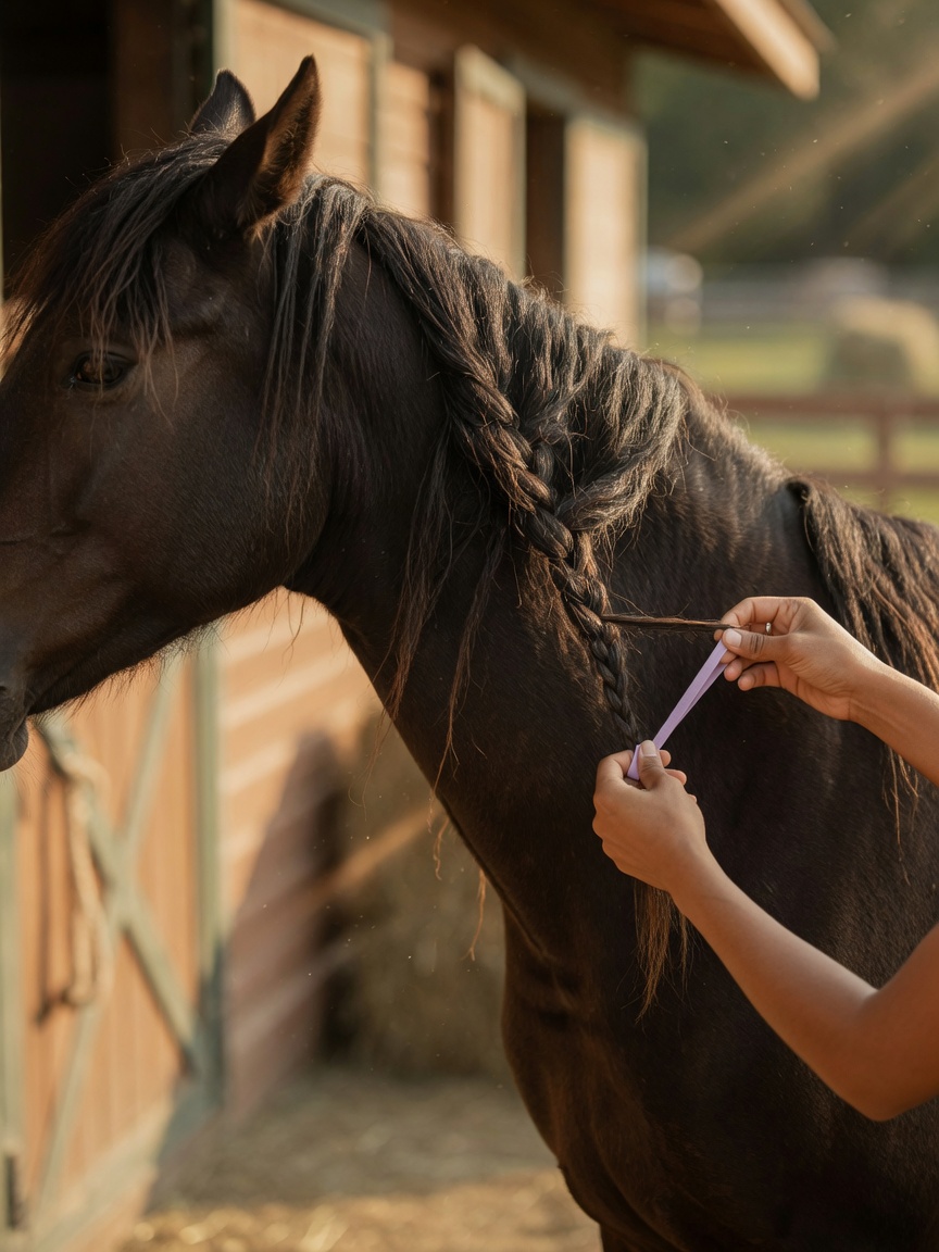 A handler loosely braiding a horse's mane on one side and securing it with a soft elastic for overnight training