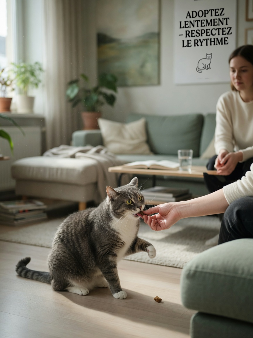 A cautious cat taking a treat from its owner's hand while a quiet visitor sits nearby, demonstrating positive counterconditioning