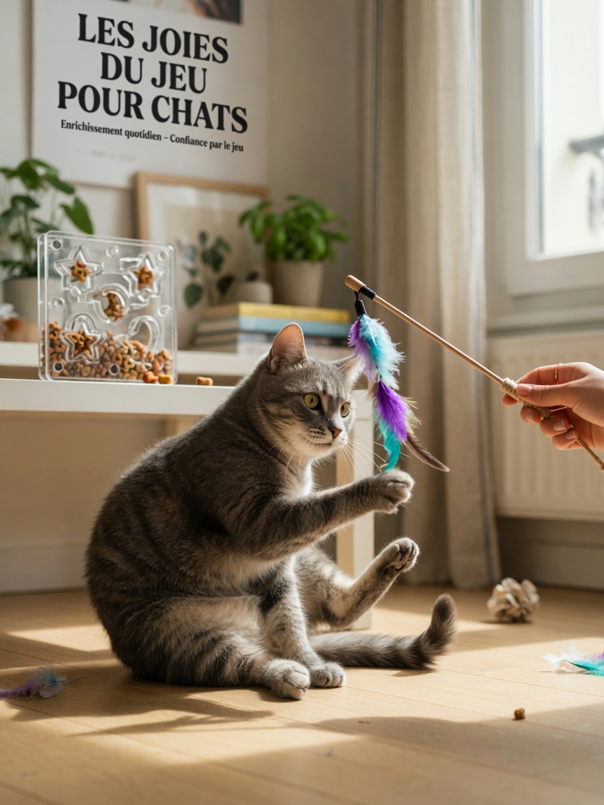 An anxious cat gradually gaining confidence through gentle interactive play with a feather wand toy, with enrichment items nearby