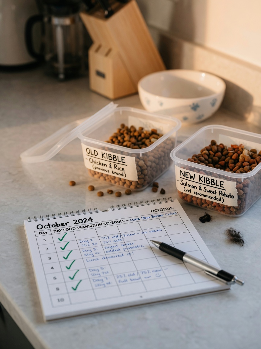 Calendar with food transition schedule notes next to airtight containers and kibble