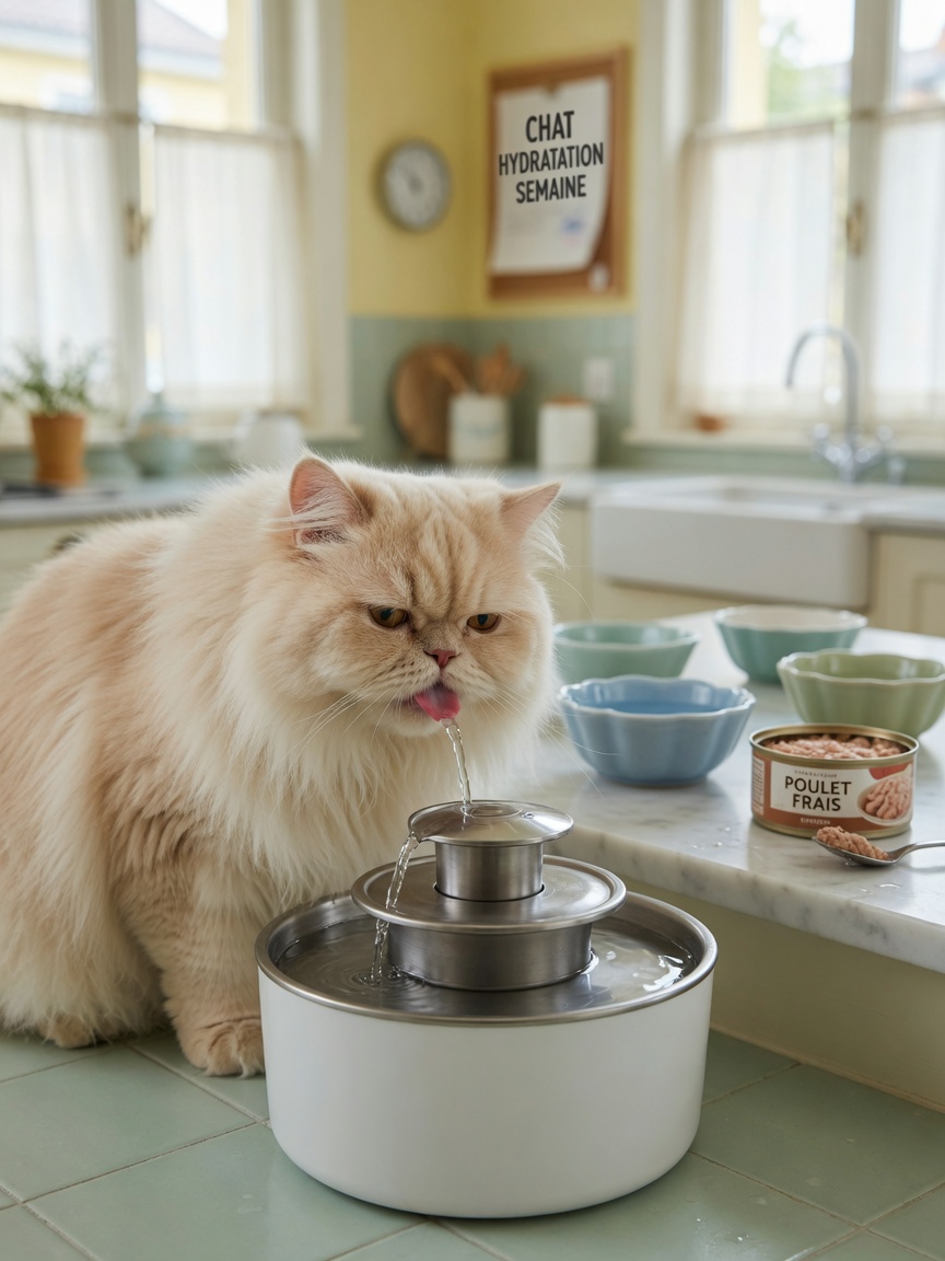Persian cat drinking from water fountain with wet food and water bowls visible for constipation management