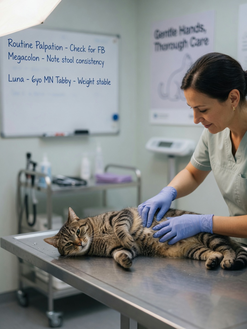 Veterinarian performing abdominal palpation examination on tabby cat to assess constipation severity