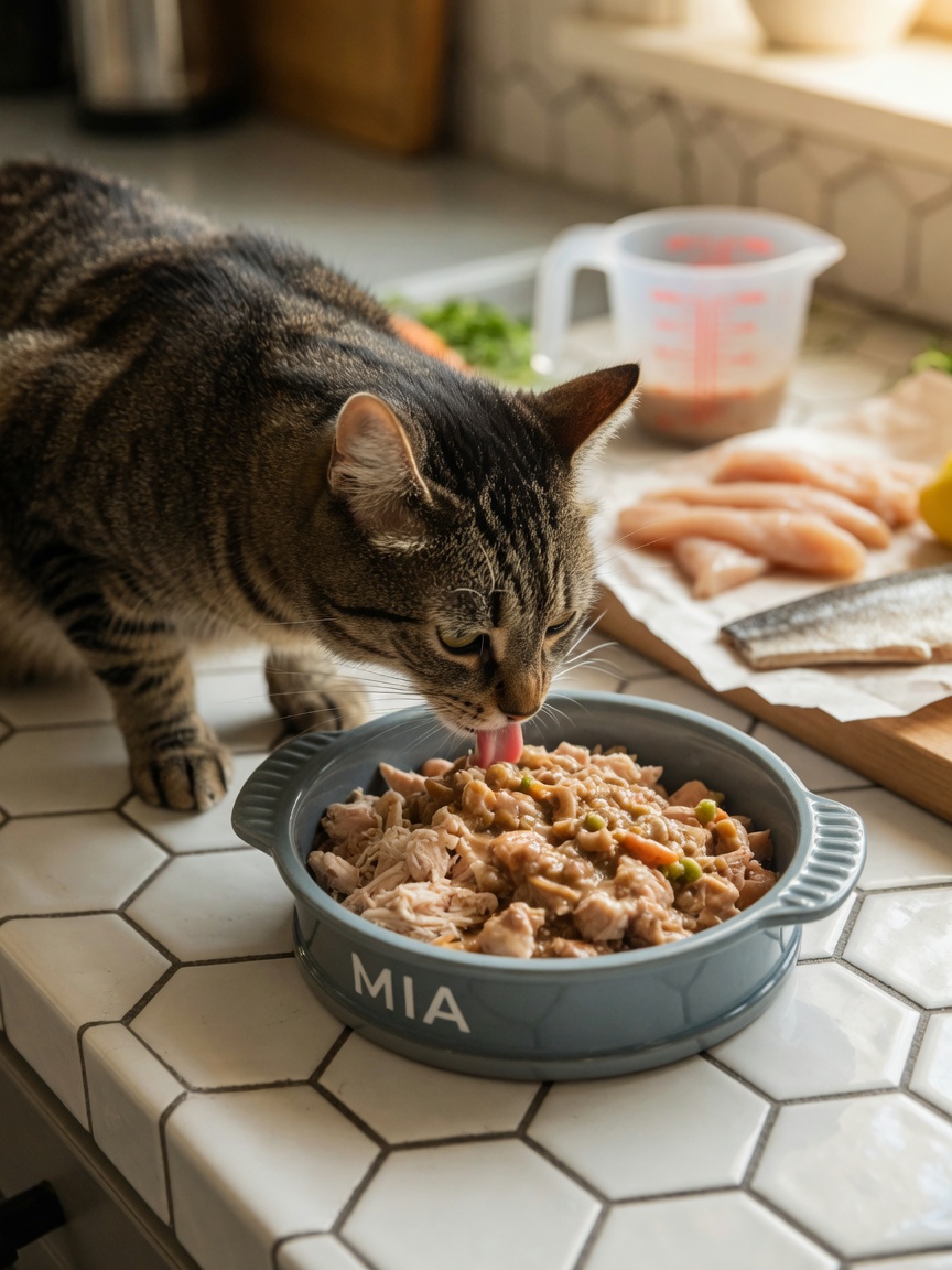 A cat enjoying wet food from a bowl in a kitchen, with fresh ingredients blurred in the background, representing high-protein, low-carbohydrate dietary intervention for diabetes management.