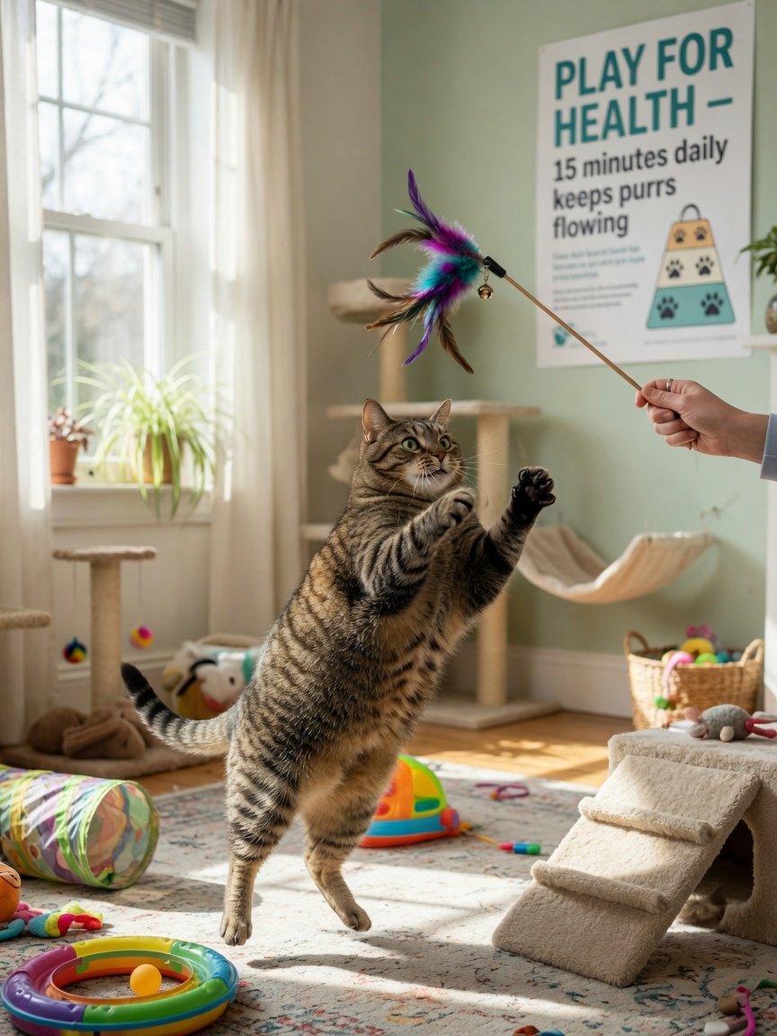 A tabby cat actively playing with a feather toy in a living room with climbing structures visible, demonstrating physical activity and environmental enrichment for weight management and diabetes remission.