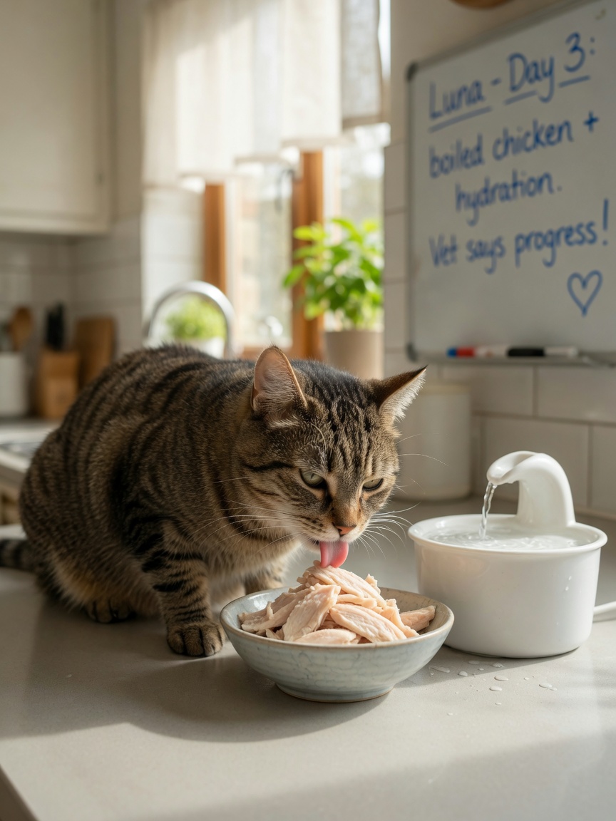Recovering tabby cat eating plain boiled chicken from a bowl with a water fountain nearby for hydration support