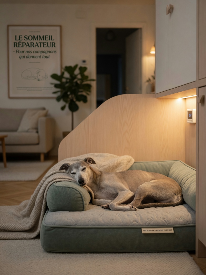 A peaceful dog sleeping soundly on a comfortable orthopedic bed in a quiet, dimly lit corner of a bedroom