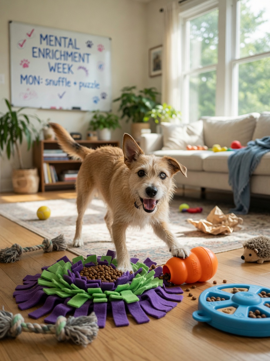 A dog engaged with puzzle toys and enrichment activities during daytime, receiving mental stimulation to promote better nighttime sleep