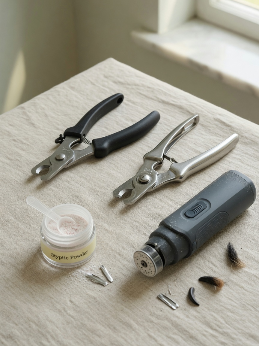 Grooming tools display showing scissor clippers, guillotine clippers, nail grinder, and styptic powder