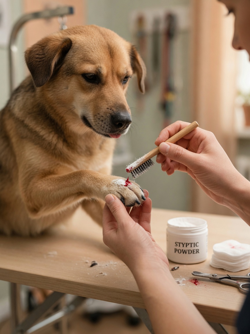Person applying styptic powder to a dog's bleeding nail after accidental quick cutting