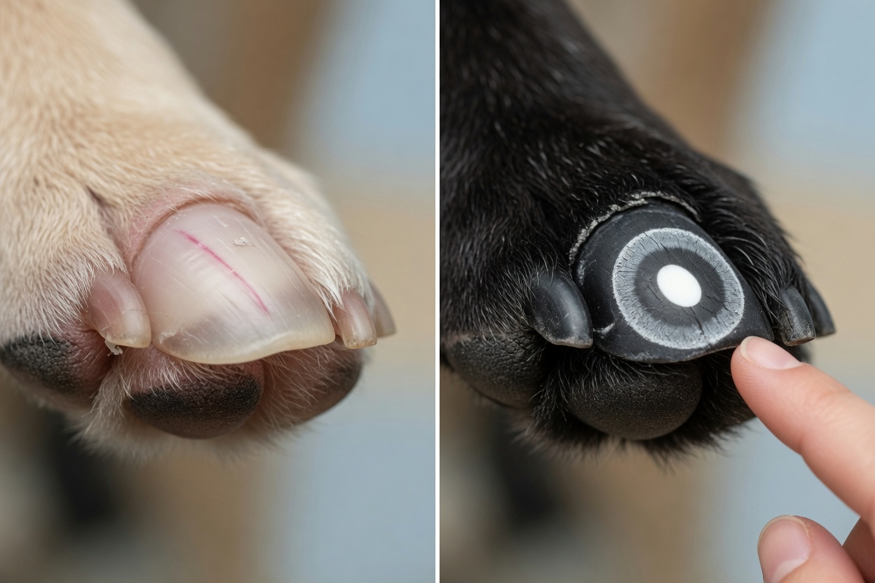 Comparison of light and dark dog nails showing visible pink quick and interior anatomy