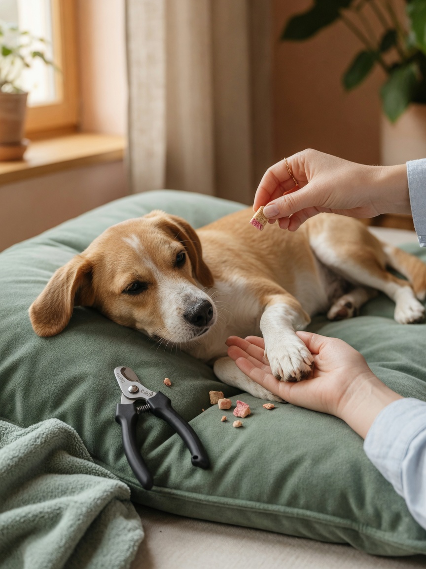 Relaxed dog receiving gentle paw touch and treat during desensitization training session