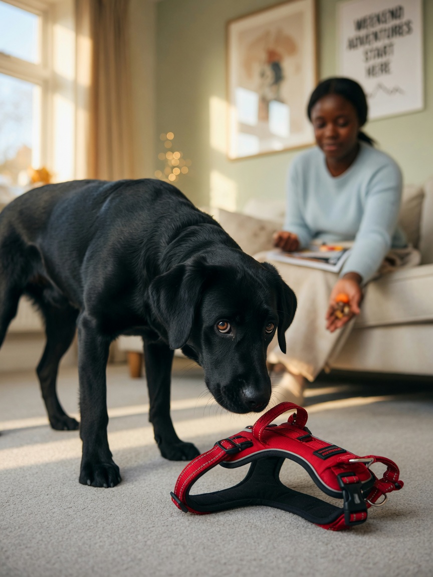 Black Labrador Retriever sniffing a car harness on the floor during indoor introduction training