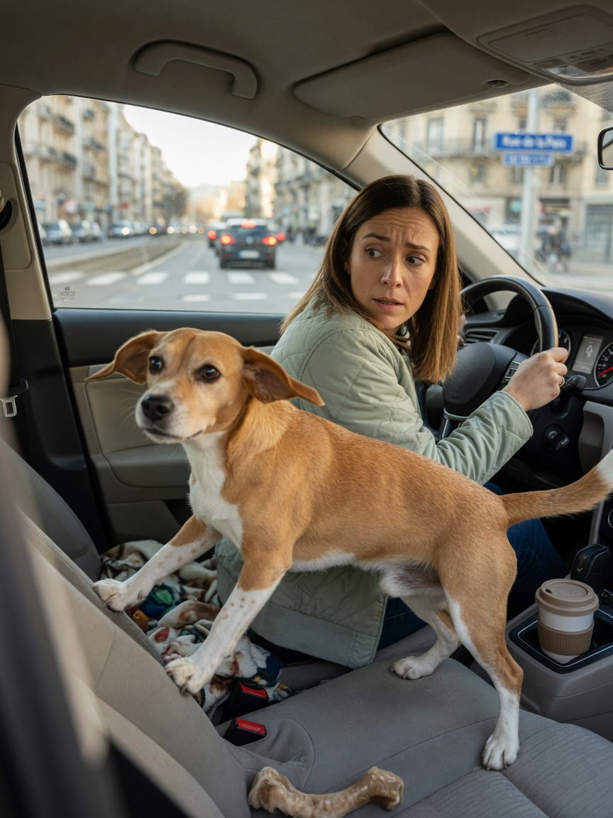 Car interior showing an unrestrained dog unbalanced during a sudden stop, illustrating safety risks