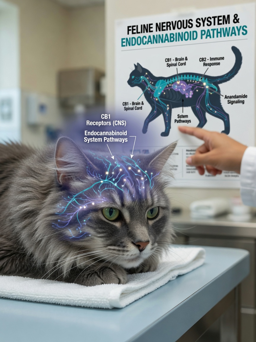 Grey cat during veterinary examination with anatomical diagram visible in background