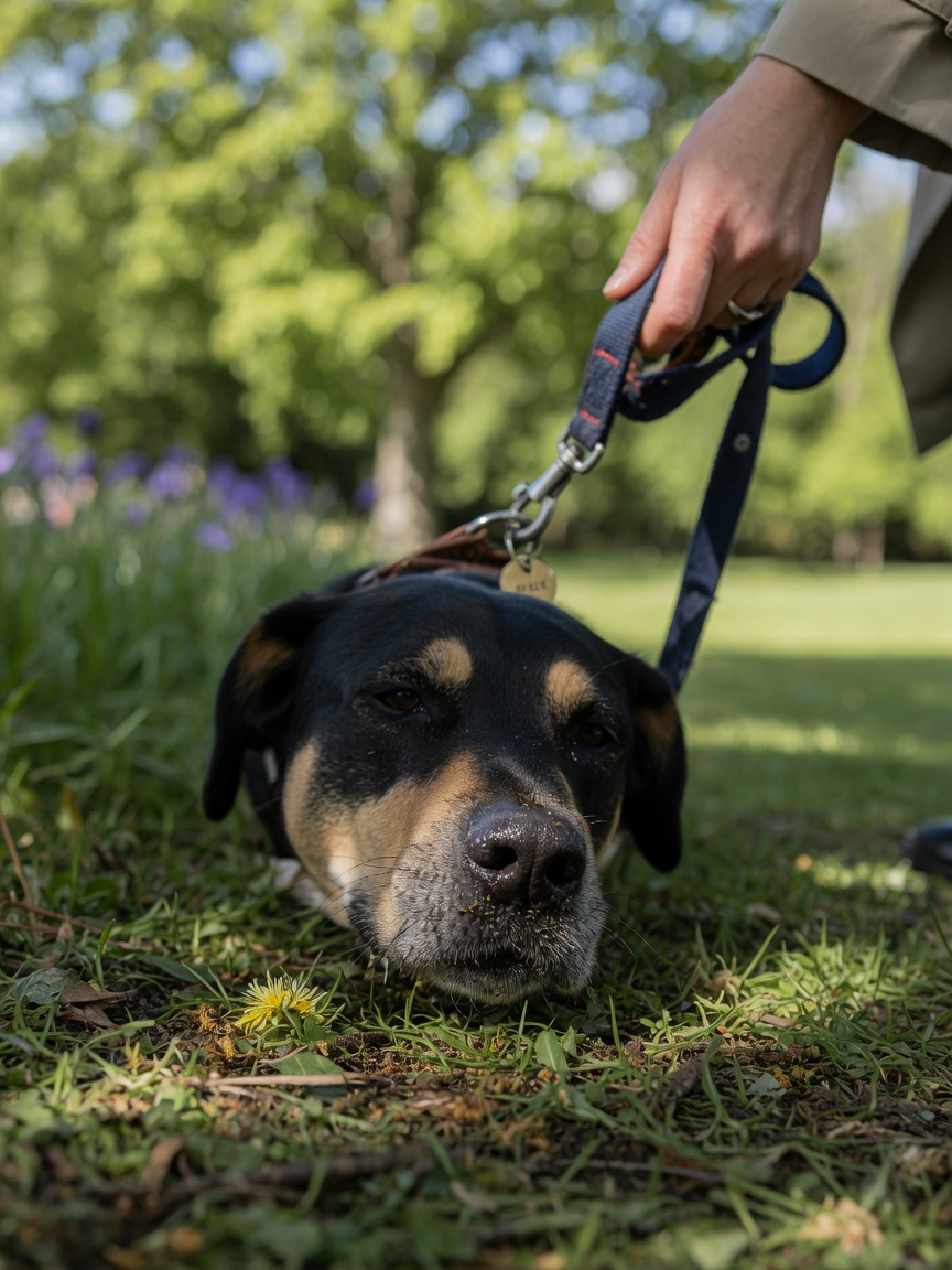 Dog sniffing and exploring grass during a walk, demonstrating sensory enrichment