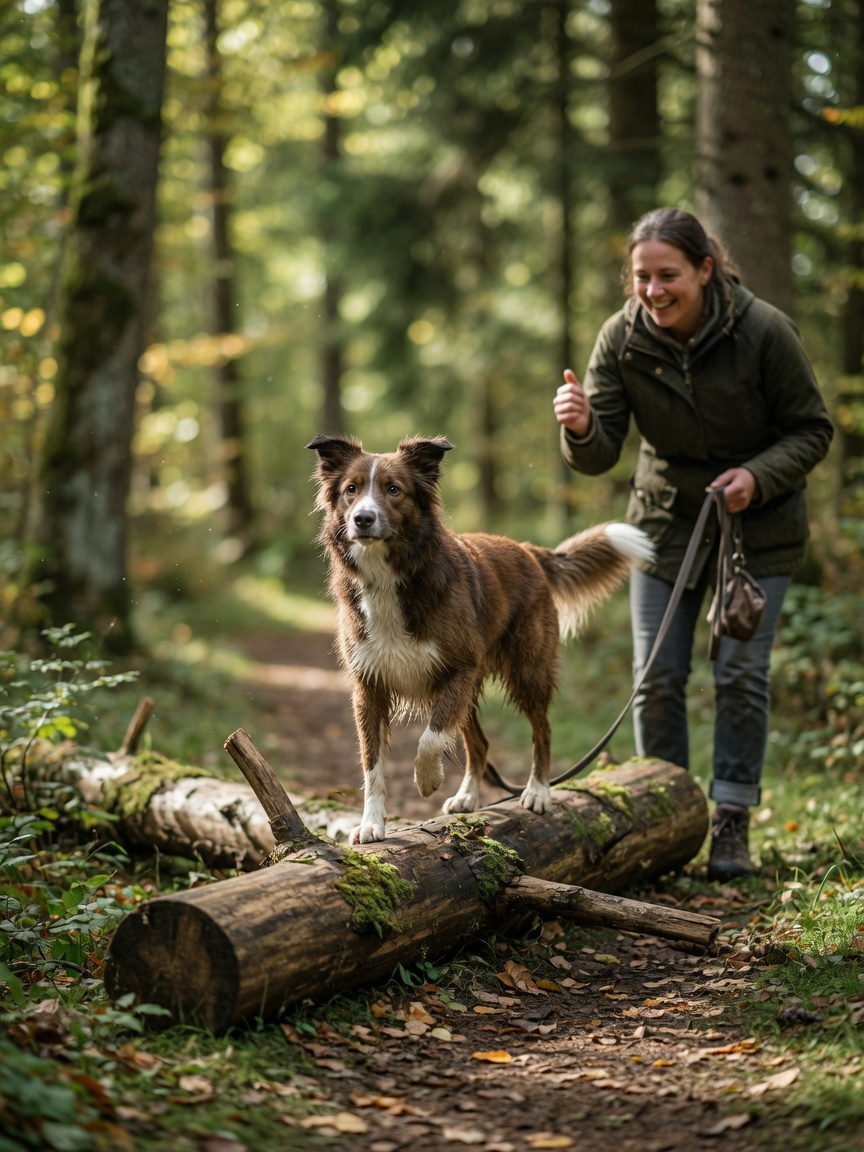 Dog walking over a fallen log on a trail, building confidence and fitness during an adventure walk