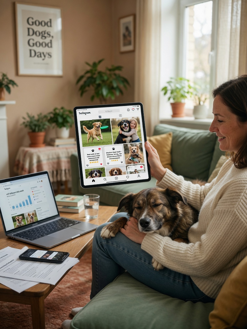Dog owner reviewing social media and testimonials on tablet with their dog nearby, representing client acquisition