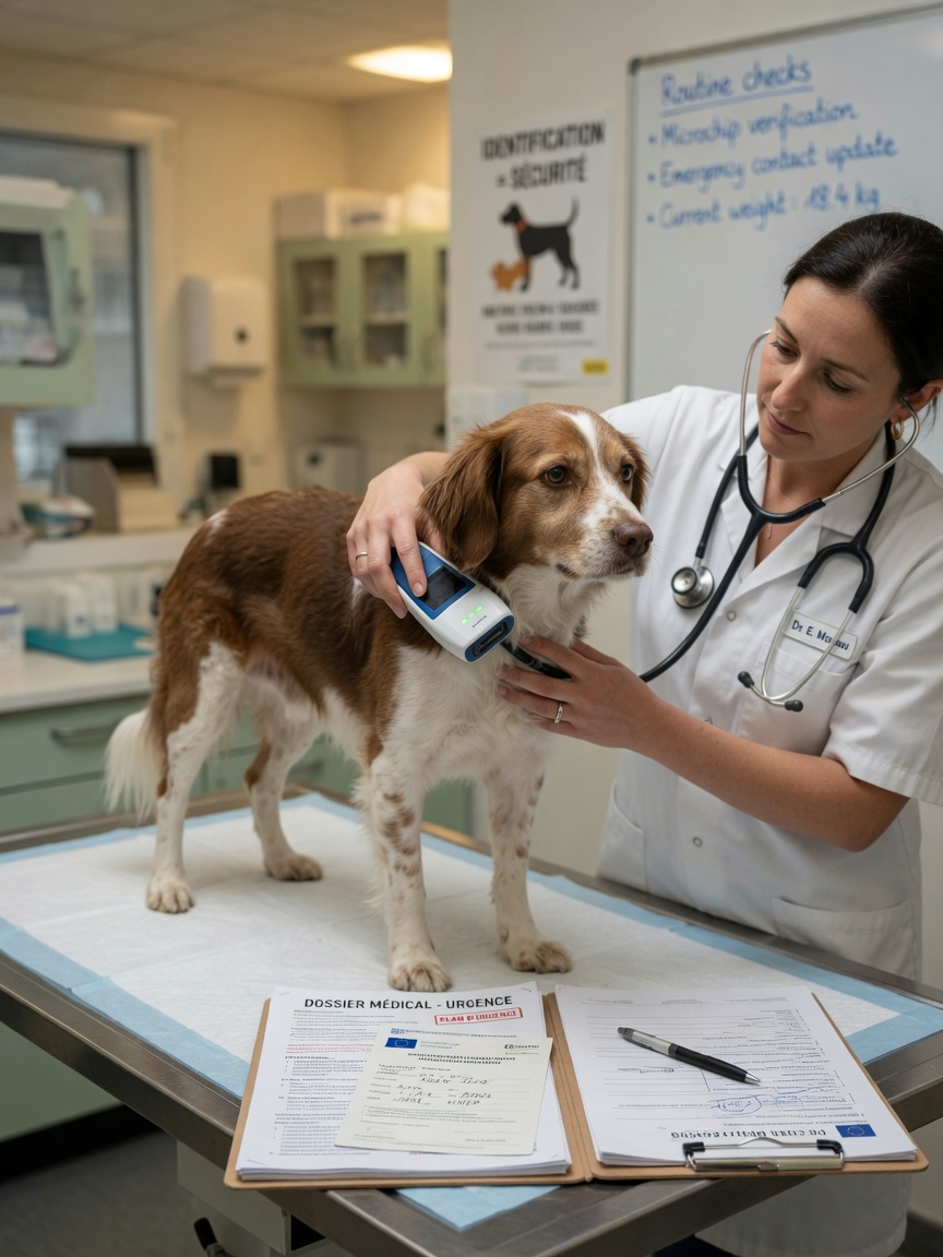 Veterinarian scanning microchip on dog during routine health examination