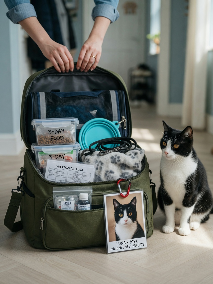 Packed pet emergency go-bag with supplies, medications, and vaccination records with cat nearby