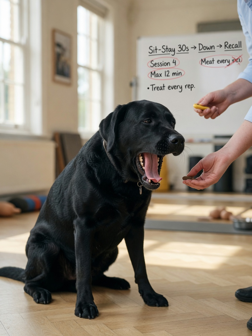 A fatigued black Labrador yawns during training, showing clear signs of attention loss and stress that signal when to end a session.