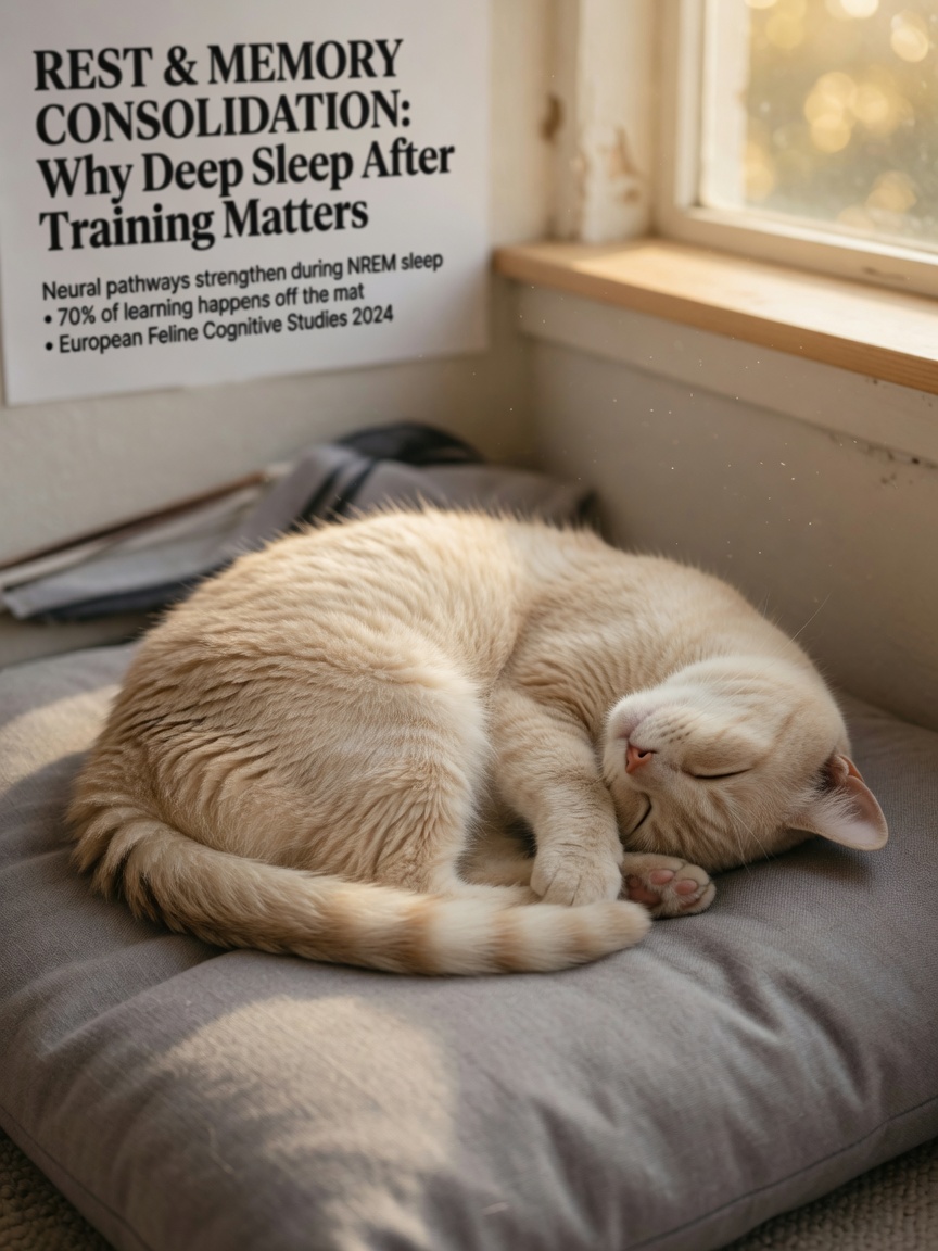 A cream-coloured cat sleeps peacefully on a cushion in warm sunlight, illustrating the importance of rest and sleep for memory consolidation after training.