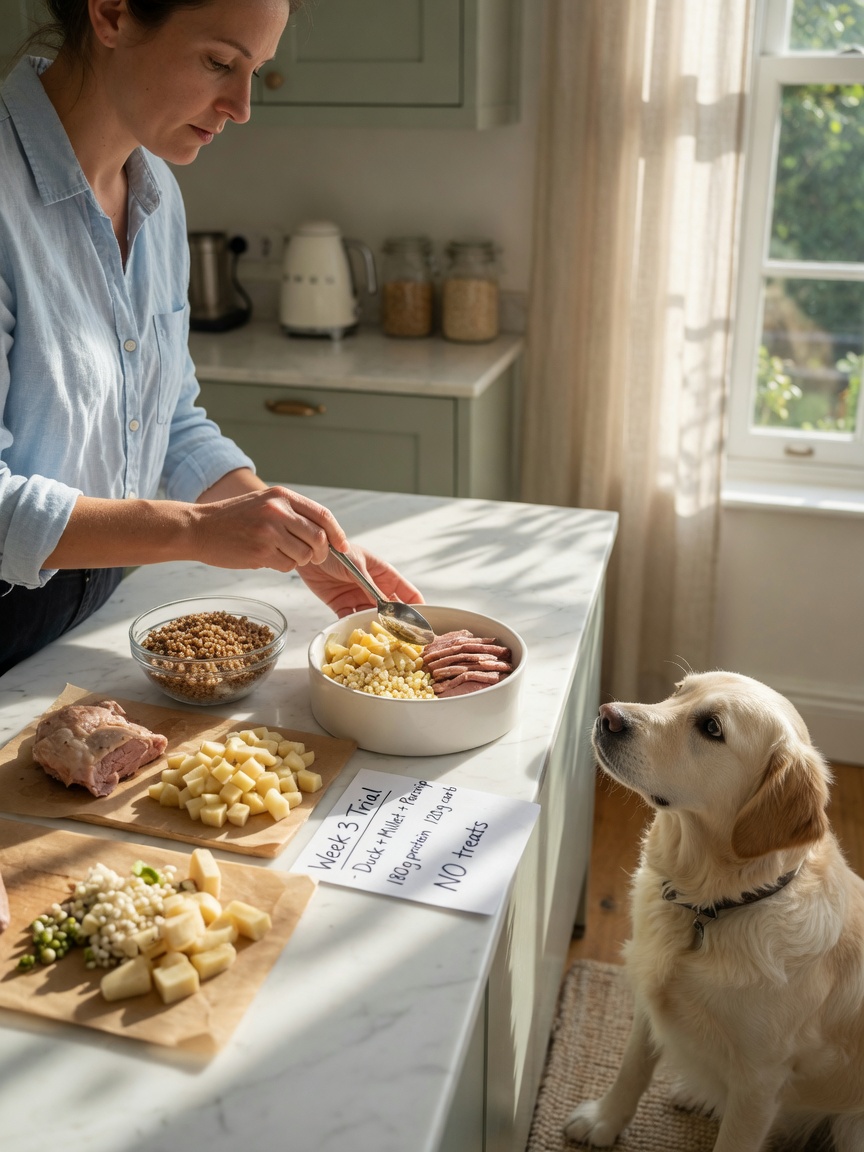 Dono de animal de estimação na cozinha preparando cuidadosamente uma refeição de dieta de eliminação especializada com ingredientes novos para o seu cão durante um ensaio de alergia