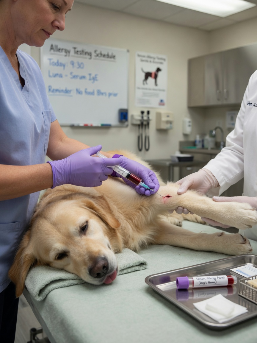 Veterinário a recolher uma amostra de sangue da pata de um cão para teste de alergia no soro numa clínica veterinária