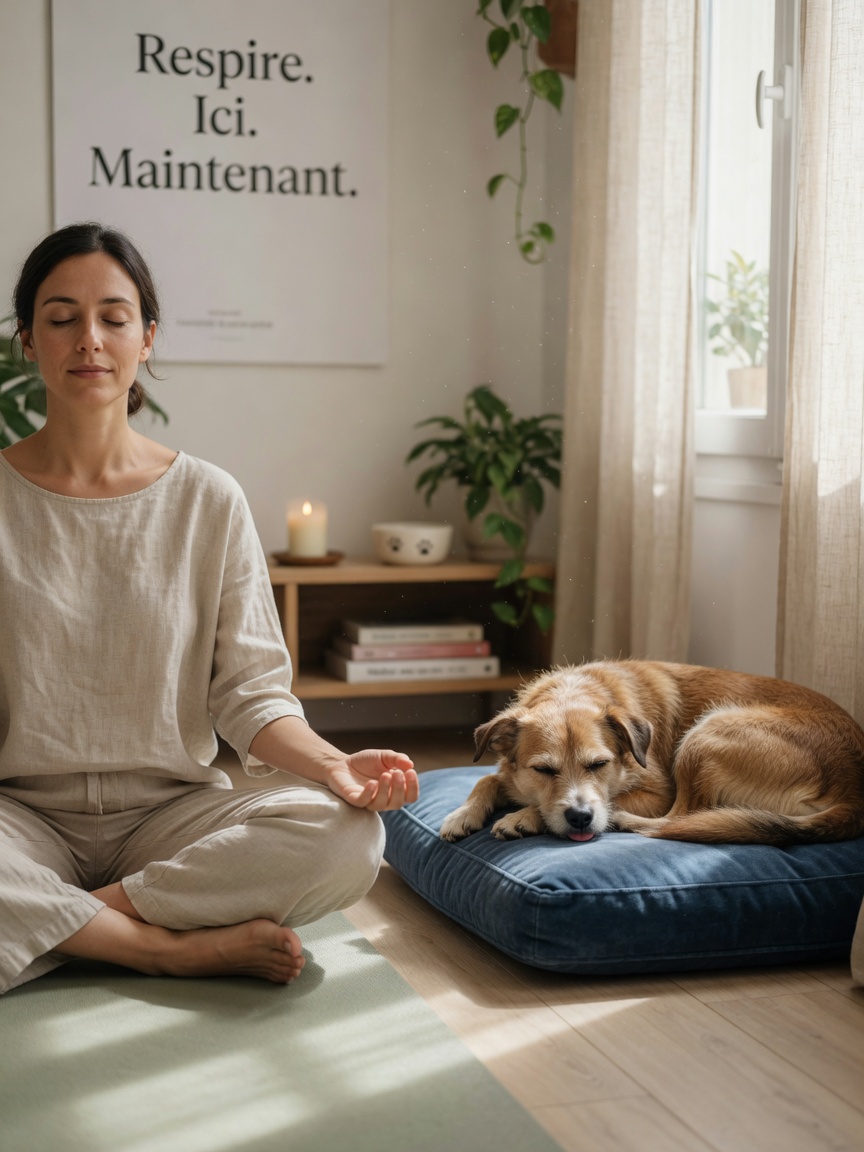 Owner meditating peacefully while relaxed pet rests nearby