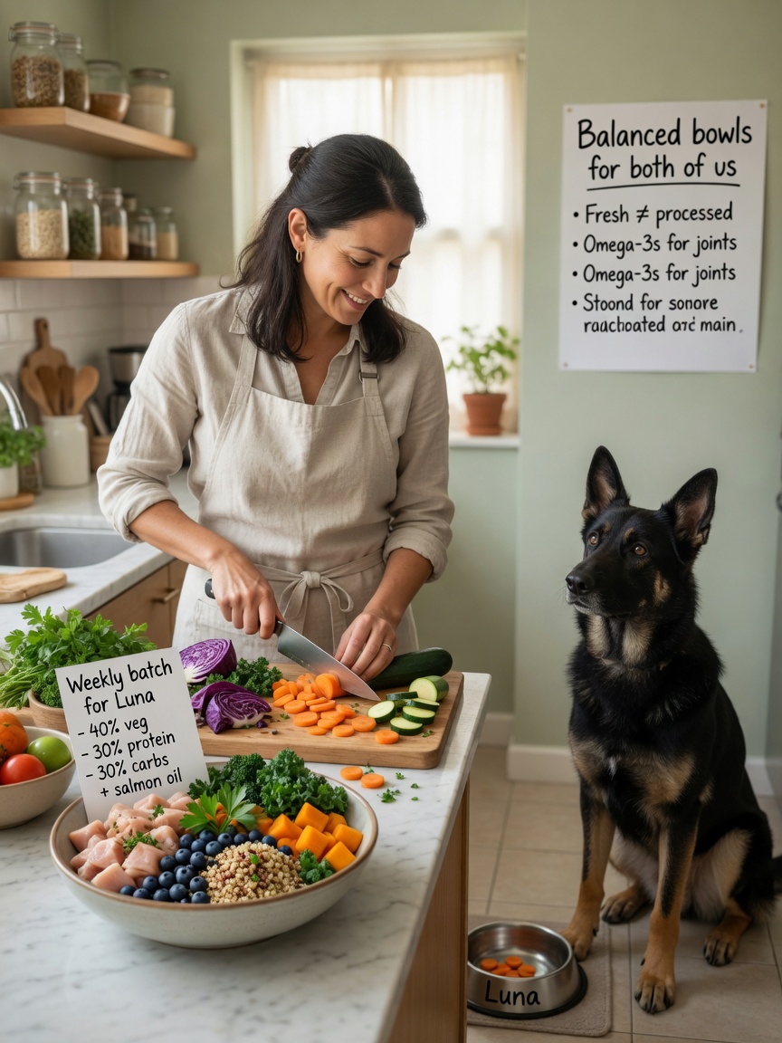 Health-conscious owner preparing whole foods with attentive dog watching