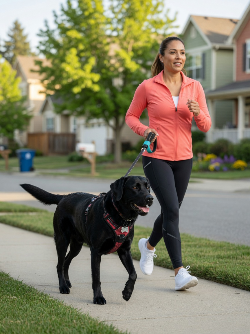 Dog owner walking a black Labrador in a neighborhood, demonstrating cardiovascular benefits of pet ownership