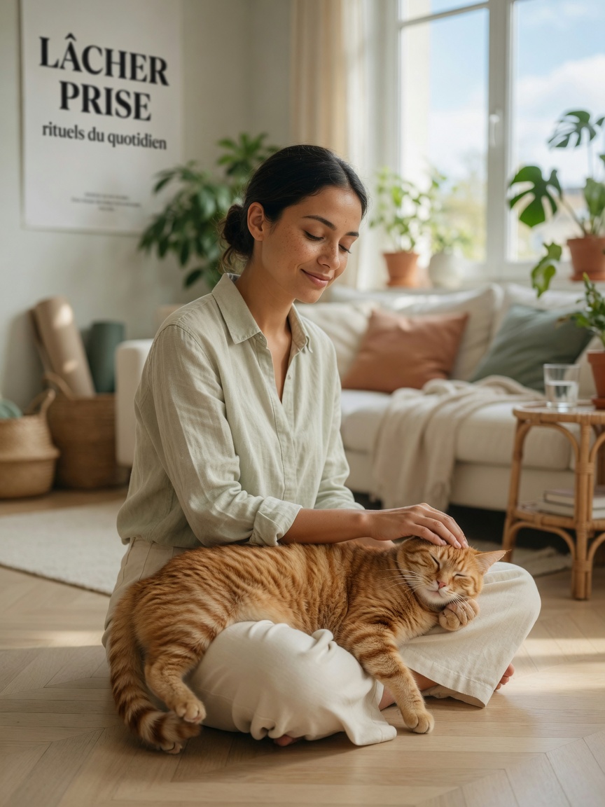 Woman petting an orange tabby cat in a calm living room, illustrating stress reduction and mental health benefits of pet interaction
