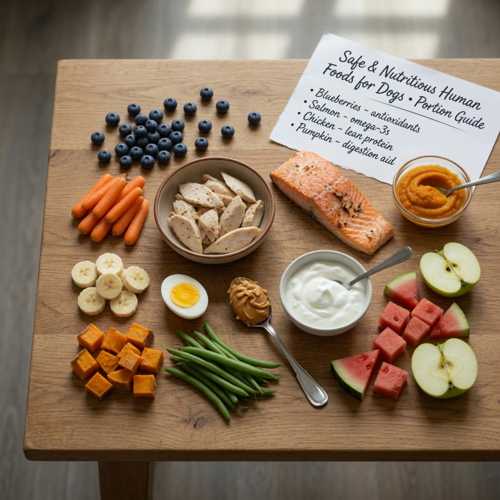Overhead flat-lay van 12 verschillende veilige hondenvoedingsmiddelen inclusief bosbessen, wortels, kip, zalm, eieren, pindakaas, yoghurt, watermeloen, appels, bananen, zoete aardappel, snijbonen en pompoen gerangschikt op een houten tafel in natuurlijk licht