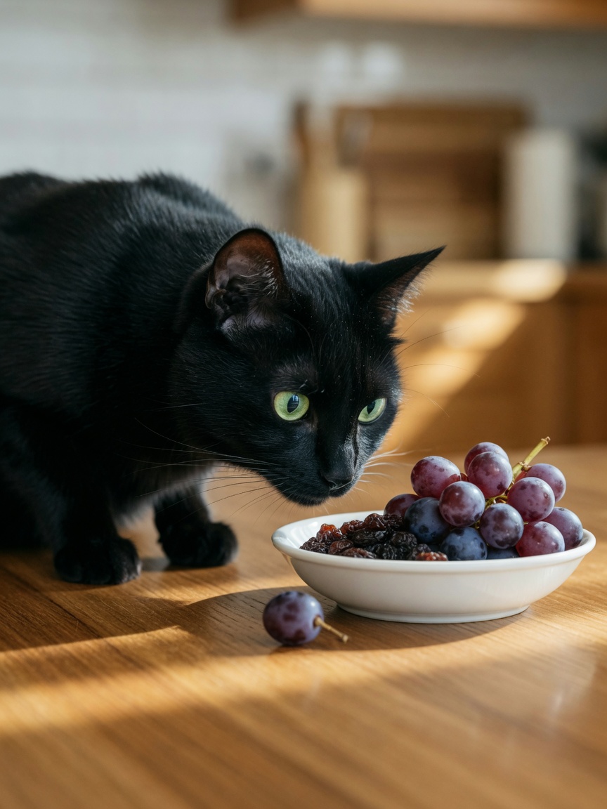 Black cat sniffing at grapes and raisins on a kitchen table, depicting toxic fruits for cats
