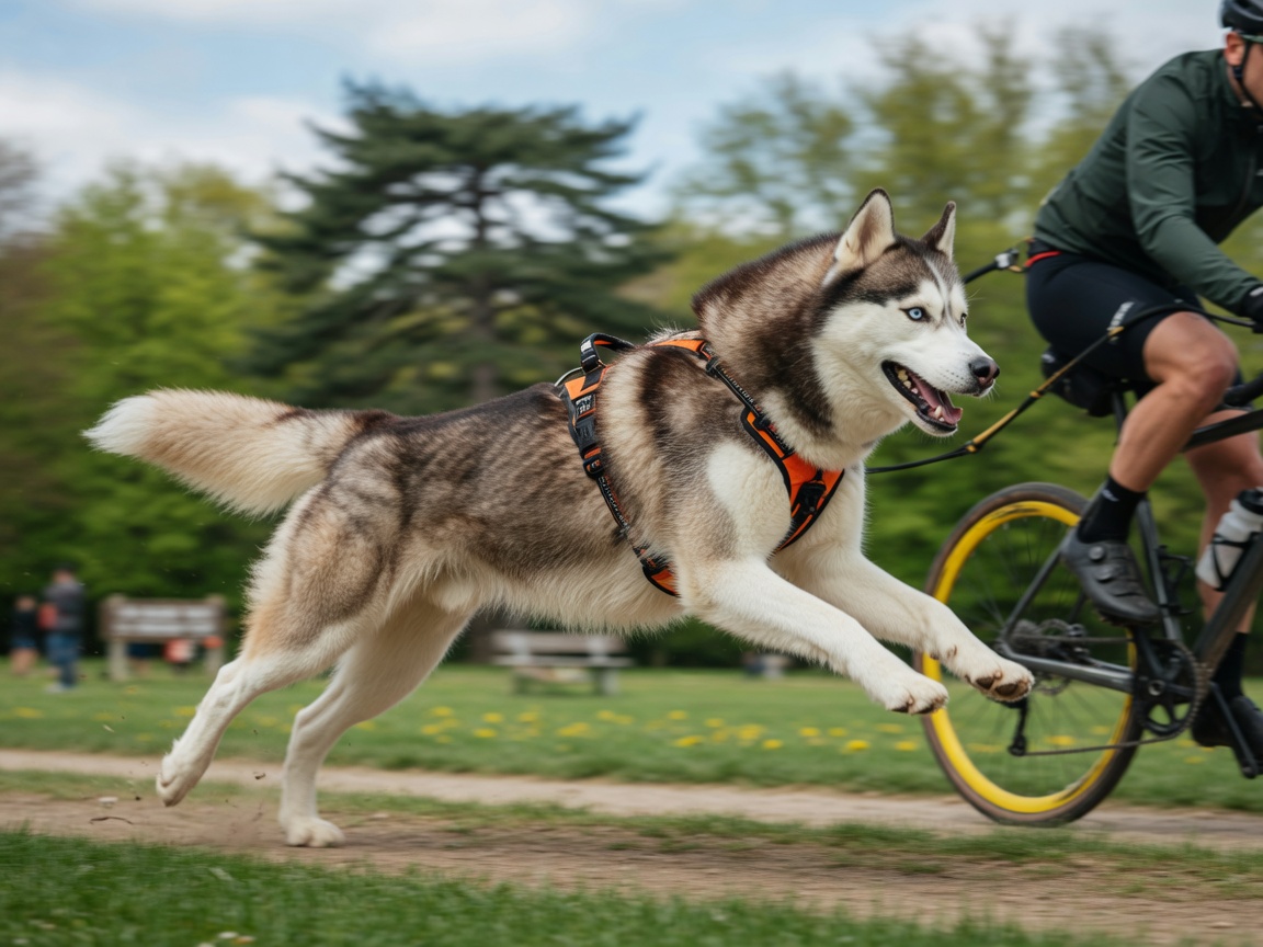 Siberian Husky running at speed alongside a cyclist during canicross training in a park
