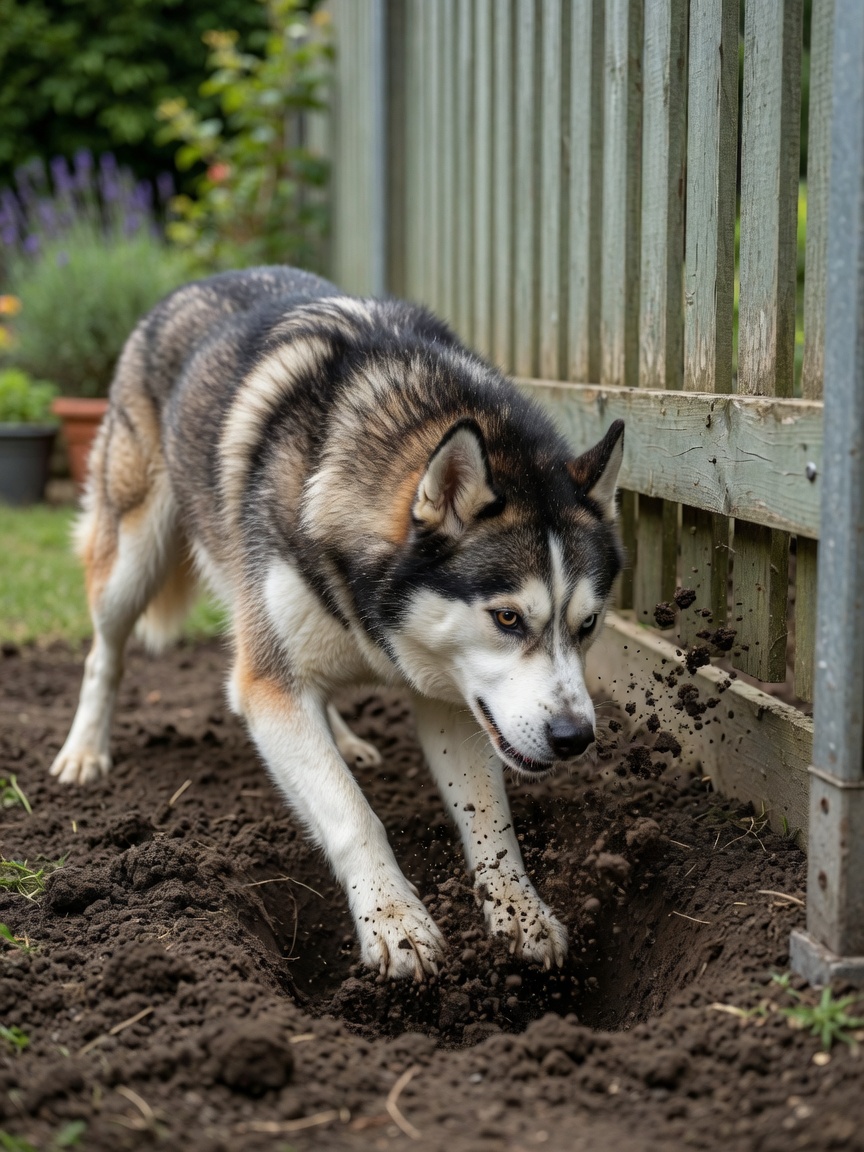 Siberian Husky digging under a garden fence, demonstrating escape artist behavior