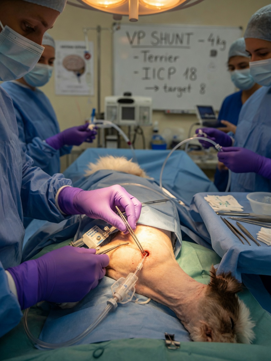 Veterinary neurosurgeon performing ventriculoperitoneal shunt surgery to treat canine hydrocephalus