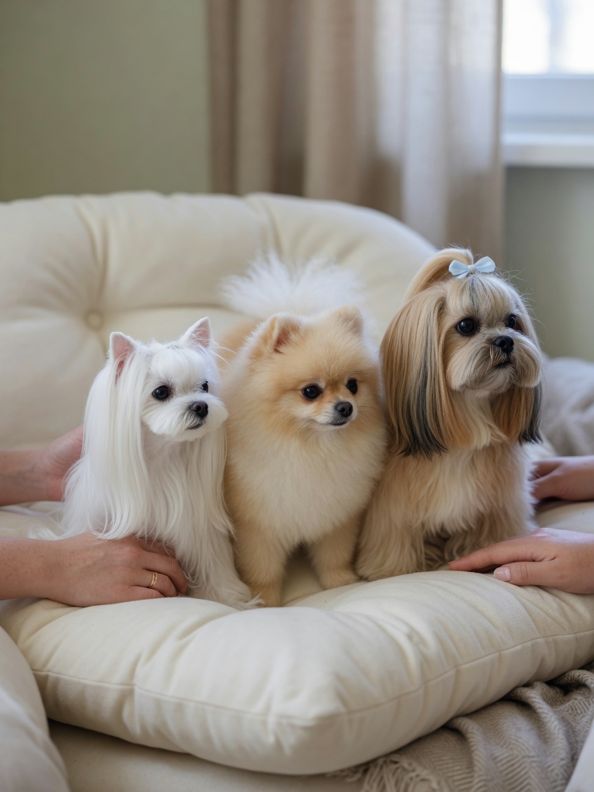 Three small toy breed dogs—Maltese, Pomeranian, and Lhasa Apso—with domed skulls, sitting together to illustrate breeds most commonly affected by hydrocephalus