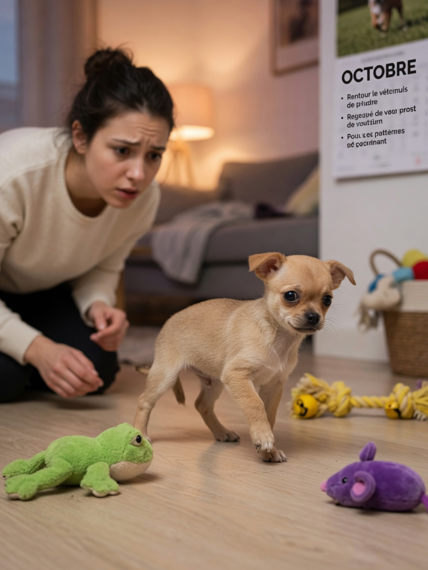 Small Chihuahua puppy showing clinical signs of hydrocephalus including circling gait, disorientation, and unresponsive behavior while owner observes