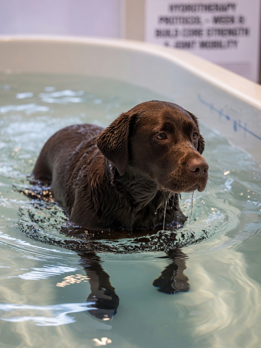 Labrador Retriever submerged to shoulder depth in warm hydrotherapy water demonstrating buoyancy support for arthritic joints
