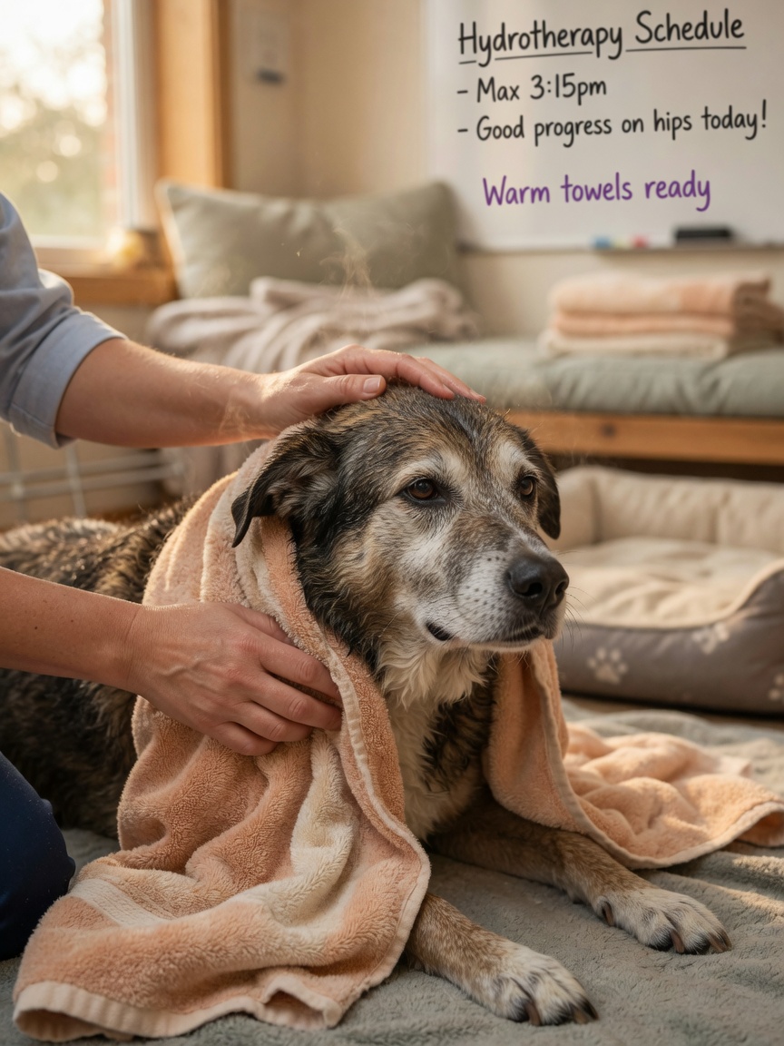 Senior dog being gently towel-dried by therapist after hydrotherapy session, wrapped in warm towel in comfortable rest area