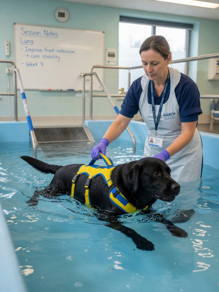 Black Labrador swimming in a heated hydrotherapy pool with a certified therapist providing flotation support