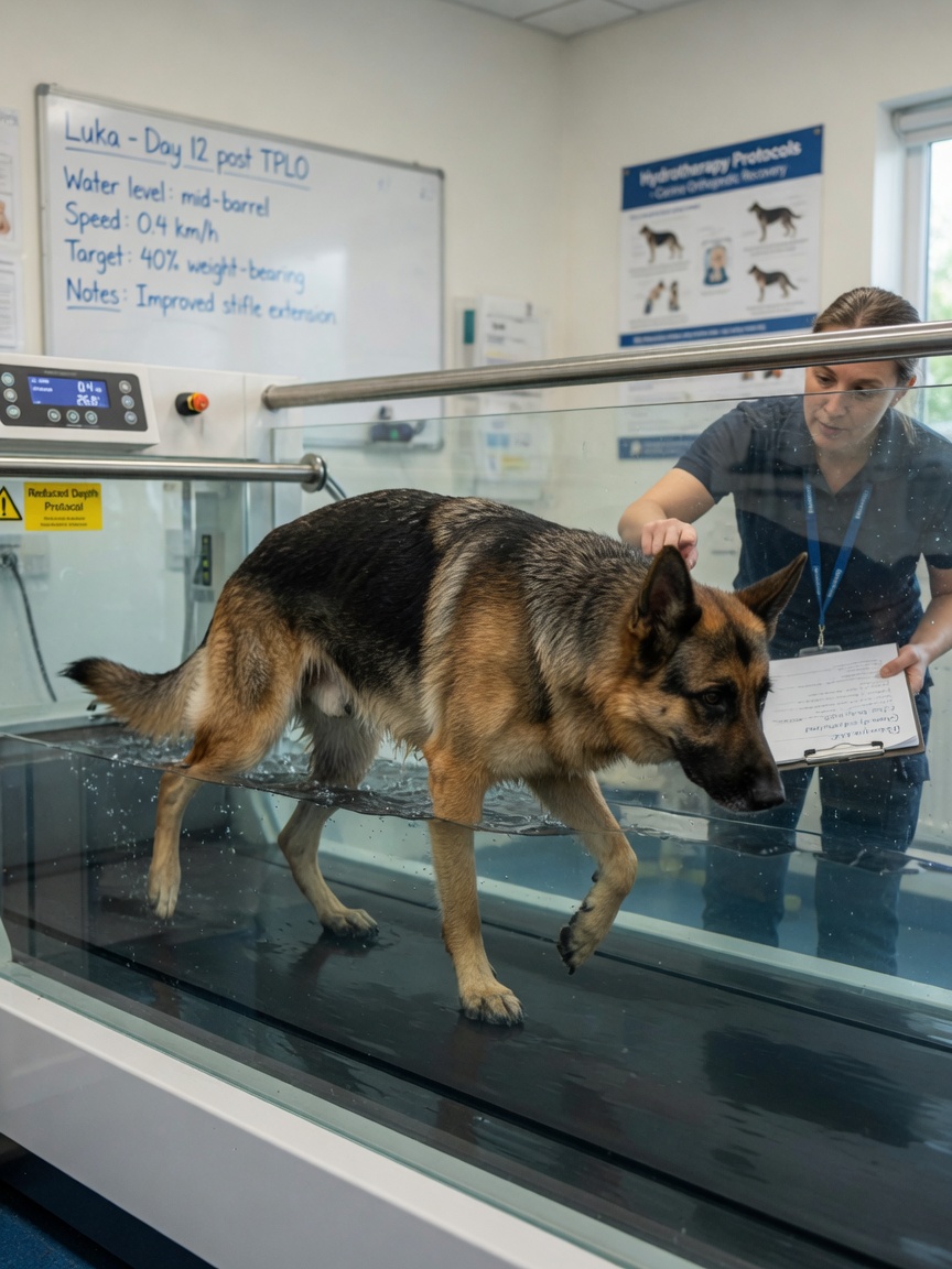 German Shepherd undergoing post-surgical hydrotherapy on underwater treadmill with therapist monitoring rehabilitation progress