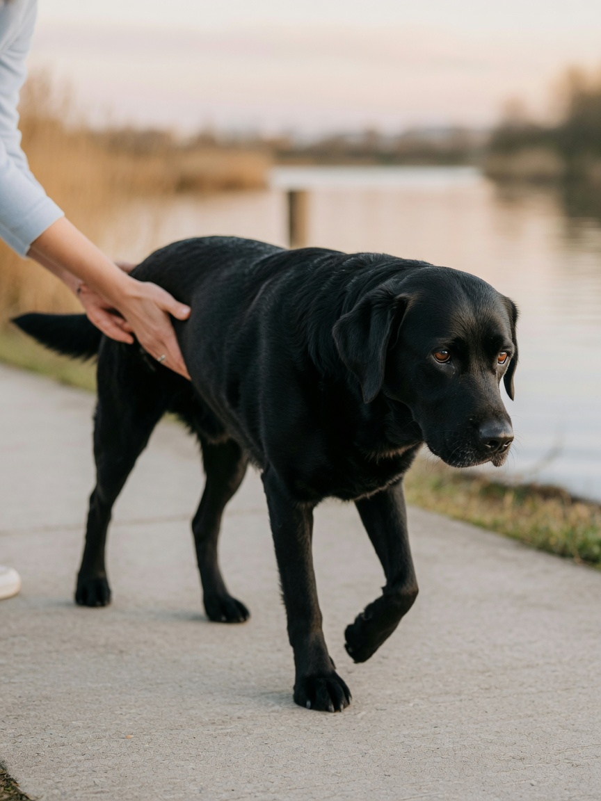 Older labrador retriever with stiff gait showing signs of arthritis and joint pain while walking with owner support