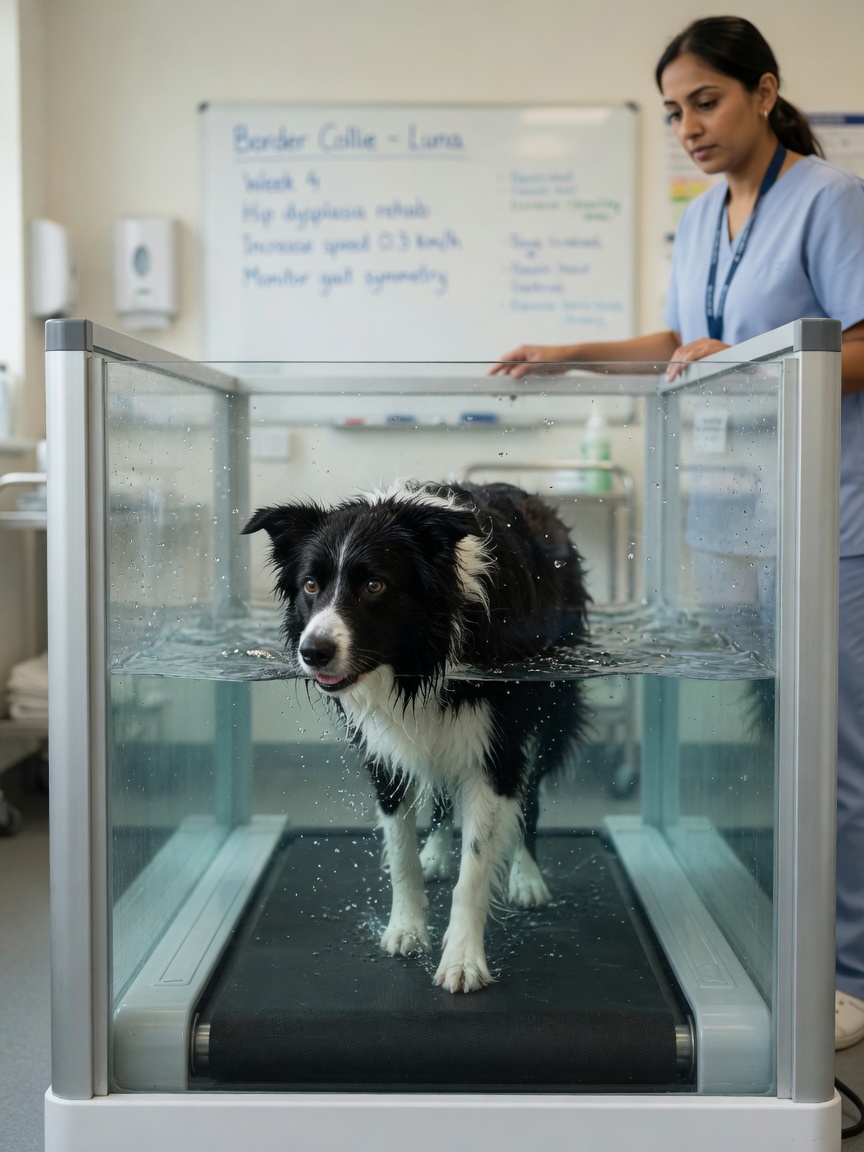 Border collie walking on underwater treadmill at prescribed water level during rehabilitation session